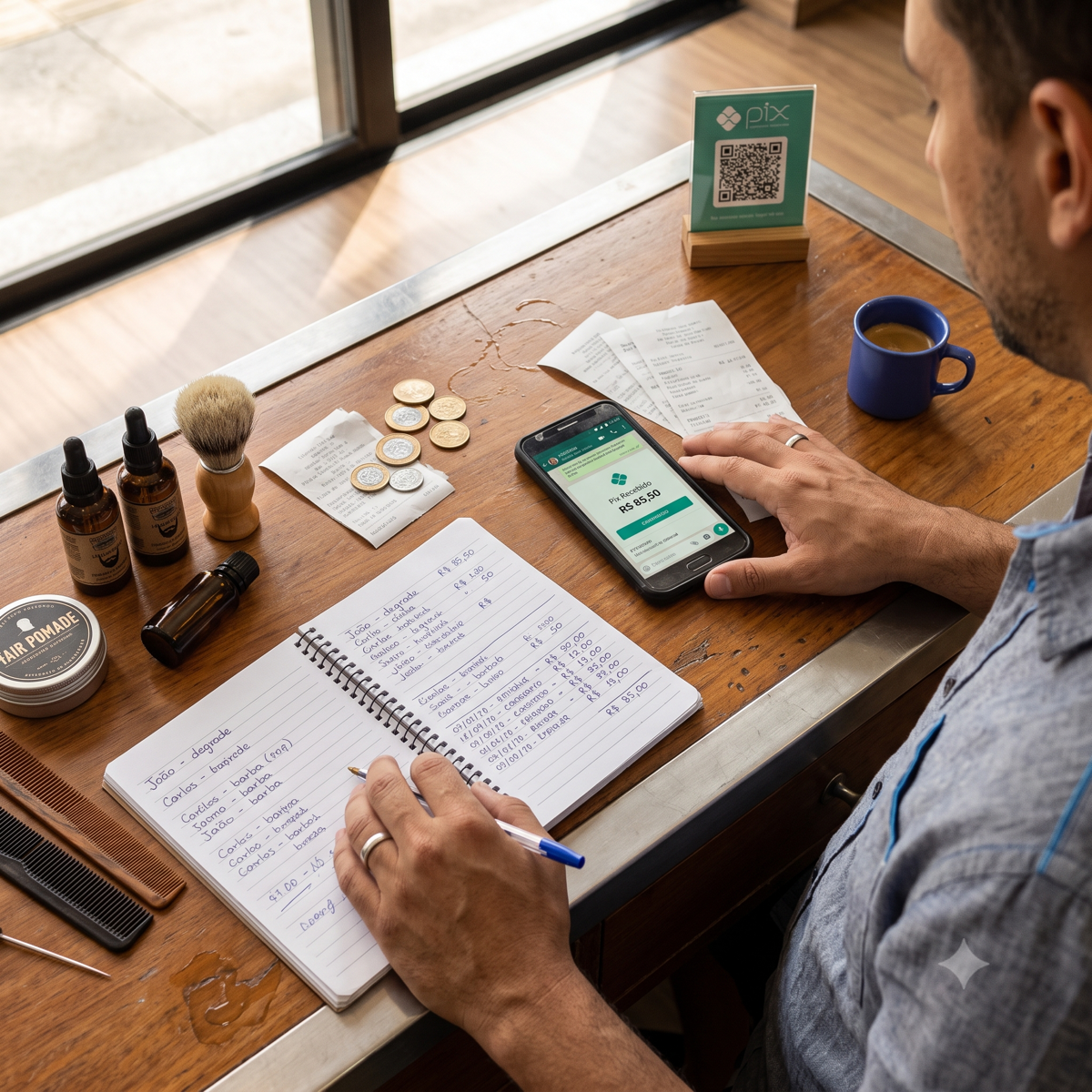Brazilian barber managing Pix payments and handwritten accounts at his worktable